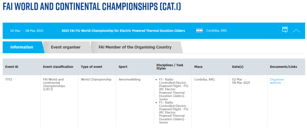 FAI oficializa el Campeonato Mundial de F5J en Córdoba, Argentina.
